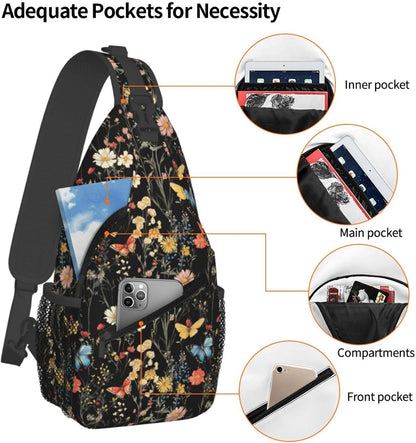 SUPLUCHOM Sling Bag Wildflower Botanical Butterfly Flower Hiking Daypack Crossbody Shoulder Backpack Travel Chest Pack for Men Women