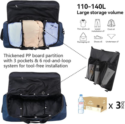 Vomgomfom Wheeled Collapsible Duffel Bag,110L-140L Expandable Checked Luggage, No-Telescopic-Handle with Anti-Burst Zipper & Reinforced Frame,Navy