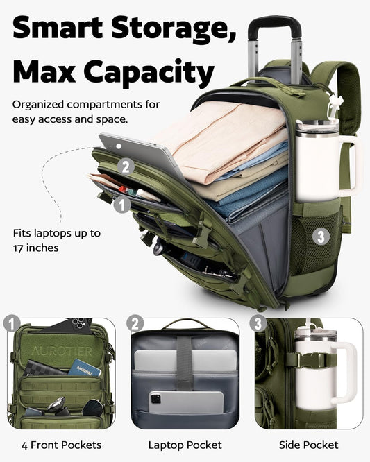 Rolling Tactical Laptop Backpack, Underseat Travel Backpack with Wheels, 17 Inch Wheeled Military Computer Backpack for Men and Women, Roller Overnight Molle Outdoor Hiking College Carry on Luggage