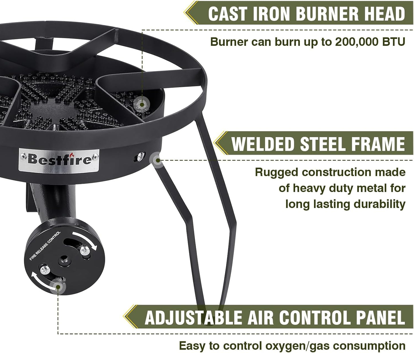 Bestfire 16" Single Propane Burner Camping Stove with Steel Braided Hose 200,000 BTU for Frying, Camping, Home Brewing and Turkey Frying