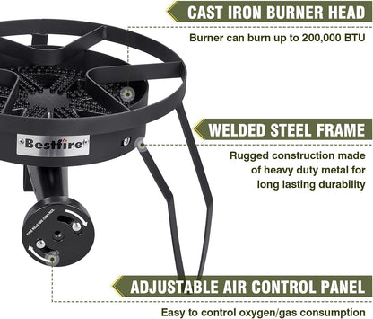 Bestfire 16" Single Propane Burner Camping Stove with Steel Braided Hose 200,000 BTU for Frying, Camping, Home Brewing and Turkey Frying