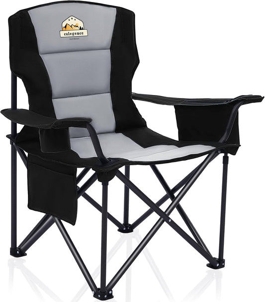 Oversized Folding Camping Chairs - 450 LBS Support Heavy Duty Camp Chair with Padded Cushion, Portable Outside Chairs with Carry Bag，Cooler, Cup Holder for Outdoor, Lawn, Sports - Black