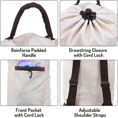 Laundry Bag Backpack with Shoulder Straps and Detergent Holder Clothes, Travel Laundry Backpack Bag Hamper for College Dorm Room (Khaki w Brown)