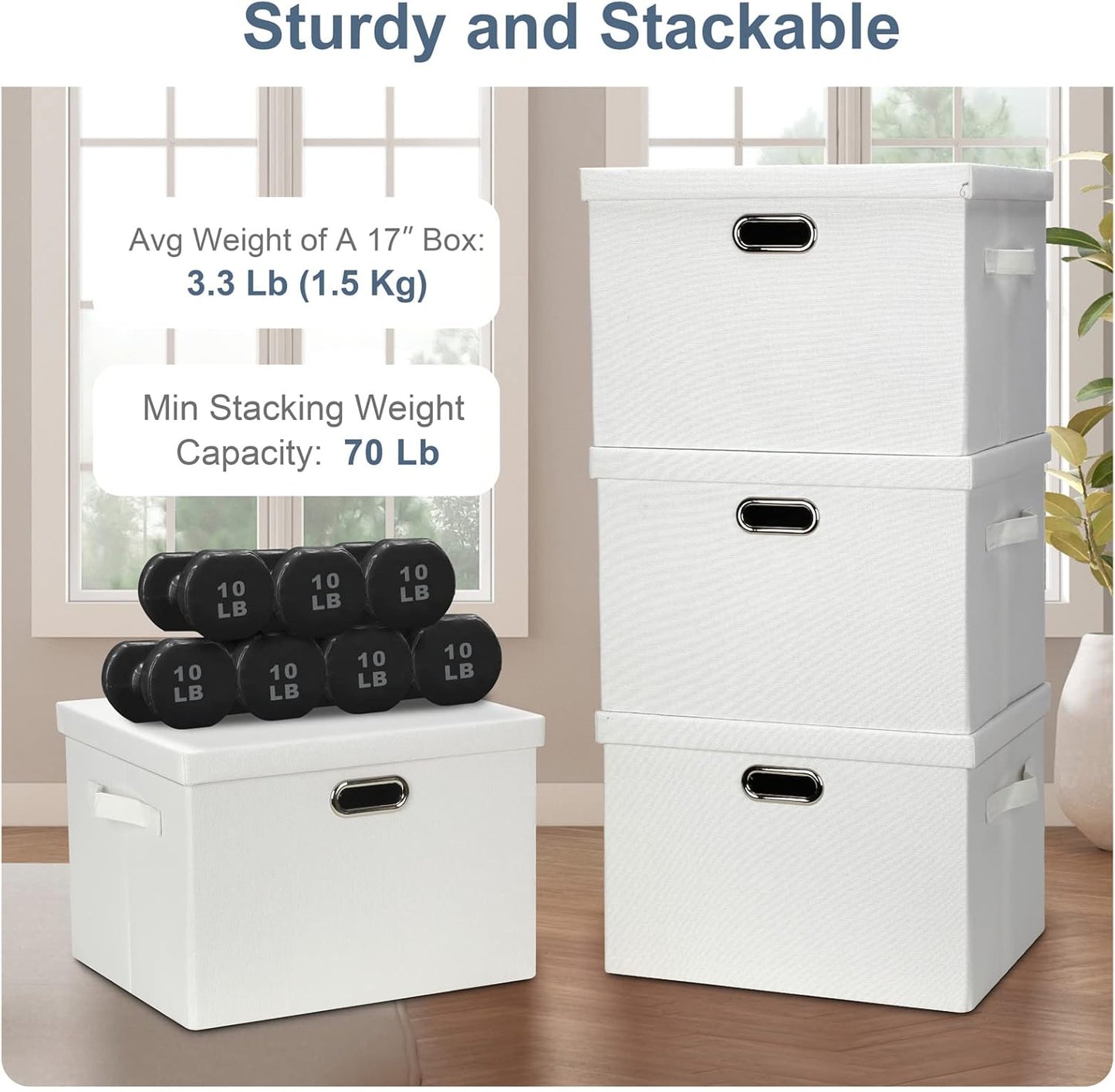 Large 17" 36 Quart Collapsible Stackable Storage Bins with Lids, 5 Packs White Linen Fabric Closet Boxes with Lids, Storage Cube Baskets Container Organizers for Bedroom Office(17 x12 x11)