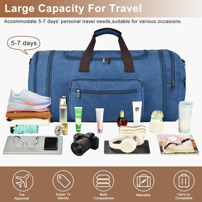 Felipe Varela 60L Duffle Bag for Men, Large Expandable Canvas Duffel Bag for Travel, Mens Carry On Luggage Bag Traveling Weekender Gym Overnight Bags for Airplanes, Blue