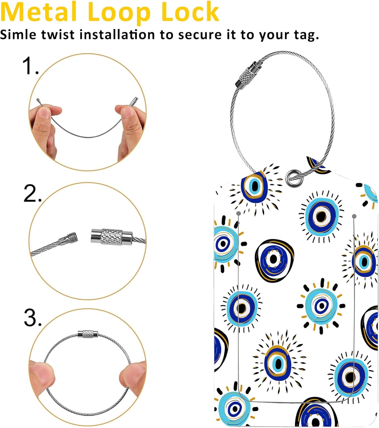 2 Pack Luggage Tag for Suitcase,Evil Eye PU Leather Suitcase Tags Identifiers with Privacy Name Address Labels and Durable Steel Loop for Women Men Travel