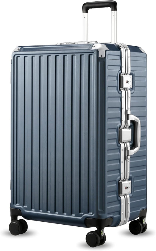 LUGGEX Checked Suitcase with Spinner Wheels, 28 Inch Aluminum Frame Zipperless Polycarbonate Hard Shell Suitcase, Blue