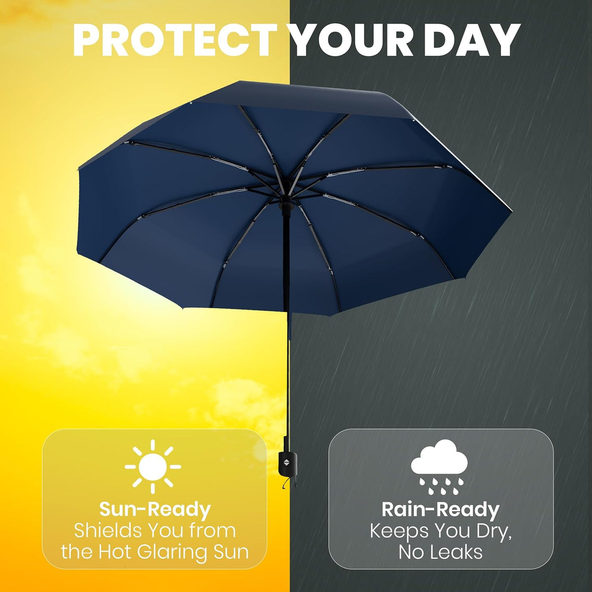 Rain-Mate Windproof Compact Umbrellas for Rain - Strong Reinforced Fiberglass Rib Design & Auto Open & Close - Portable Folding Travel Umbrella - Lightweight & Packable for Women & Men, Easy Collapse