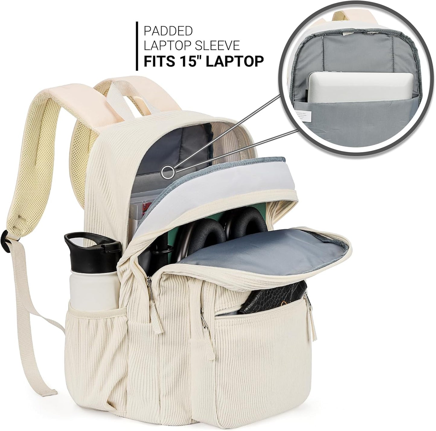 ZORFIN 26L Backpack for College, and Travel: Corduroy Bookbag - Vintage Lace