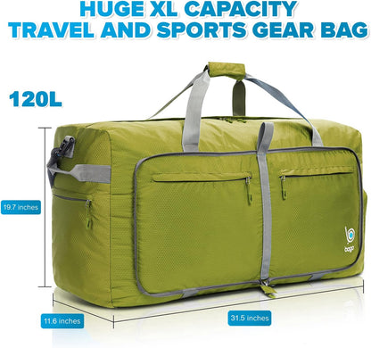 Bago Large Foldable Duffel Bags for Traveling Women & Men - 120L Packable Duffle Bag for Travel with Shoe Compartment - Water Repellant, Heavy Duty, Lightweight Folding & Collapsible (Green)