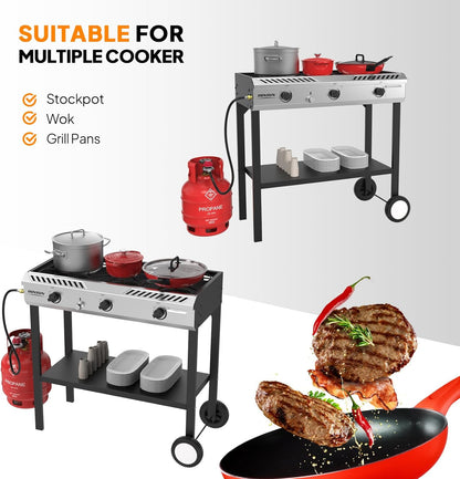 ROVSUN 3 Burner Outdoor Propane Burner with Ignition & Regulator, 225,000 BTU Powerful & Portable Gas Stove Outdoor Stand Cooker for Backyard Patio Cooking Home Camping Brewing Canning Turkey Frying