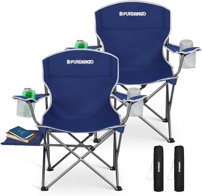 FUNDANGO Folding Camping Chair with Table, 2 Pack Portable Heavy Duty Outdoor Padded Chairs for Adults with Cup Holders for Lawn Beach Picnic Outside Travel (Blue)