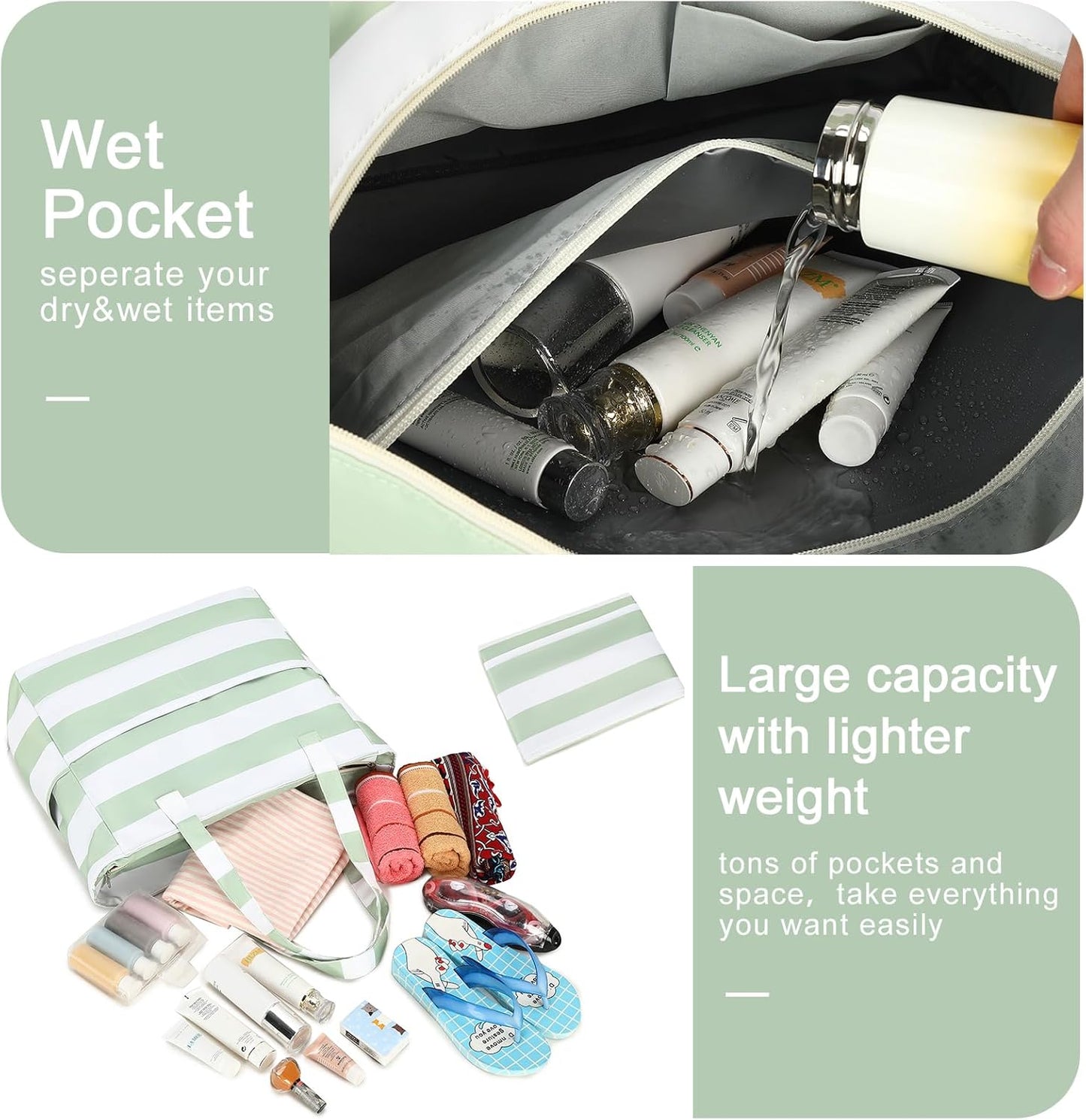 Waterproof Beach Tote Pool Bags for Women Ladies Extra Large Gym Tote Carry On Bag With Wet Compartment for Weekender Travel