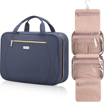 Hanging Toiletry Bag for Women Travel, 2 Sizes Large & Small Waterproof Cosmetic Organizer with 4 Compartments, Rotating Hook, Foldable Pink Travel Bag for Toiletries & Makeup Medium Grey Blue