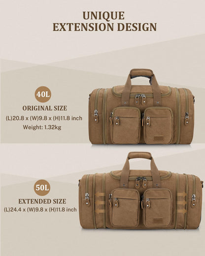 Gonex Canvas Duffle Bag for Travel, Expandable Water Resistant 50L Carry on Duffel Overnight Weekender Gym Bag with Wet Dry Separation Pocket & Suitcase Handle Sleeve,Coffee