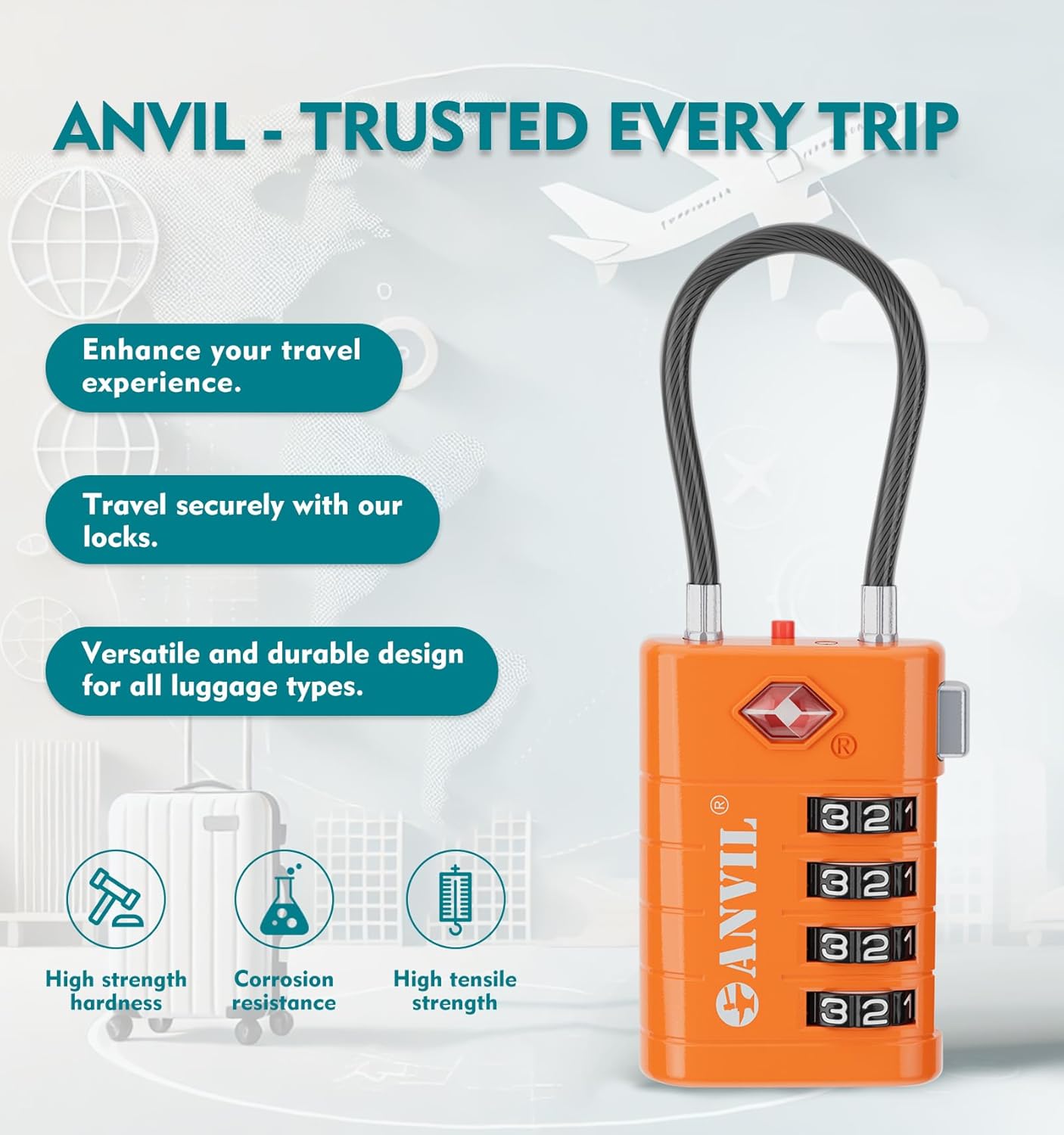 ANVIL 4 Digit Luggage Locks, TSA Locks for Luggage, Advanced TSA008 core, Alert Indicator for Your Travel Lock, Suitcase Lock. (3, Orange)