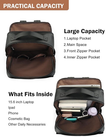 MASINTOR 15.6 inch PU Leather Laptop Backpack Purse for Women, Large College Casual Backpack Travel Bag Black