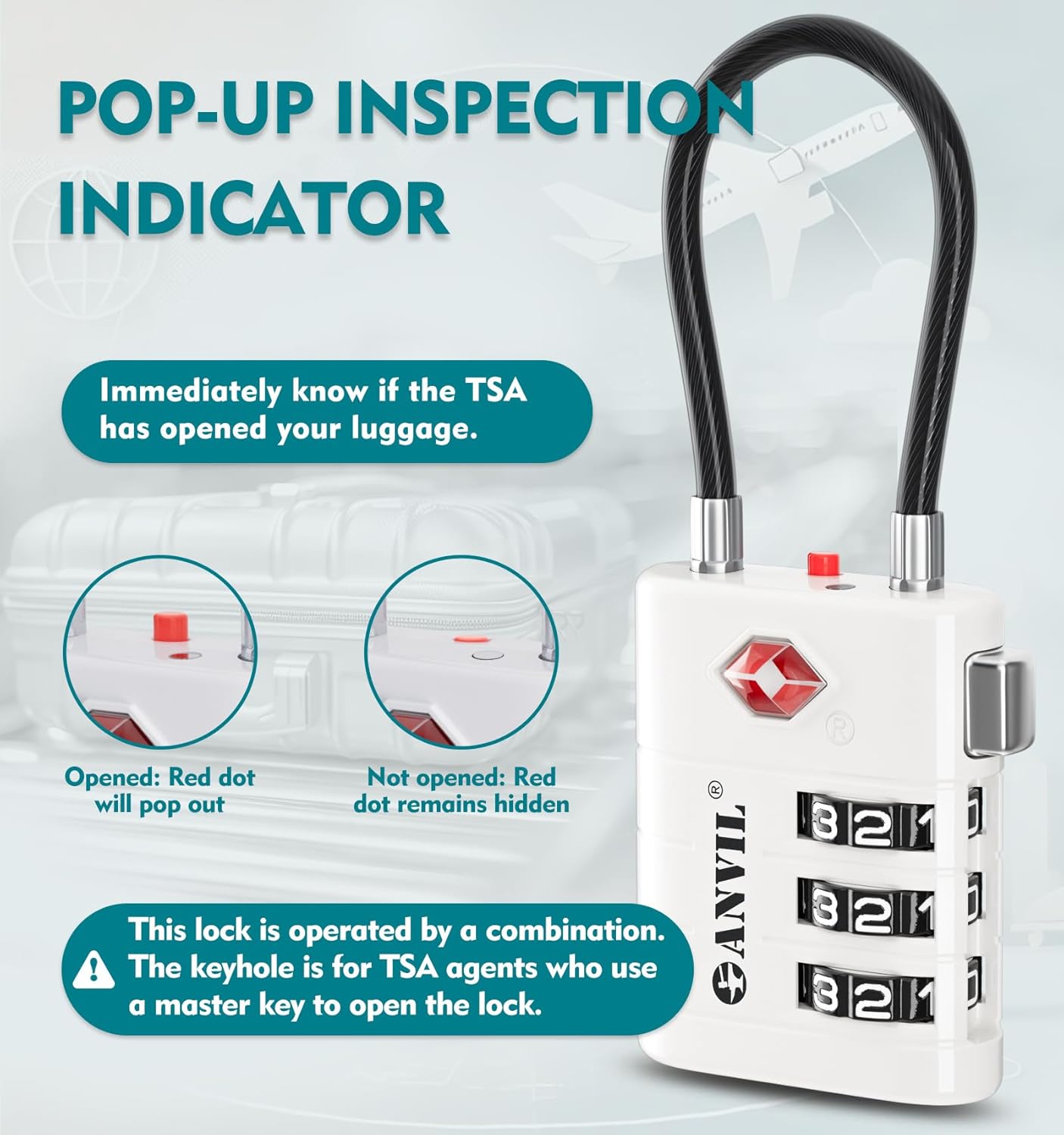 ANVIL TSA Approved Luggage Locks – High Security TSA008 Combination Travel Locks with Inspection Indicator for Suitcases and Backpacks. (4, White)
