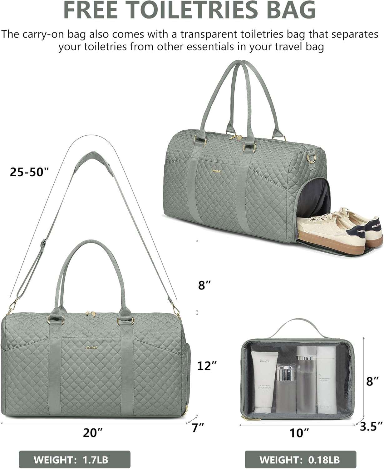 Weekender Travel Duffle Bag for Women - Carry on Bag with Shoe Compartment Overnight Bags with Toiletry Bag Wet Pocket Weekend Traveling Yoga Gym Hospital Bags for Labor and Delivery Green