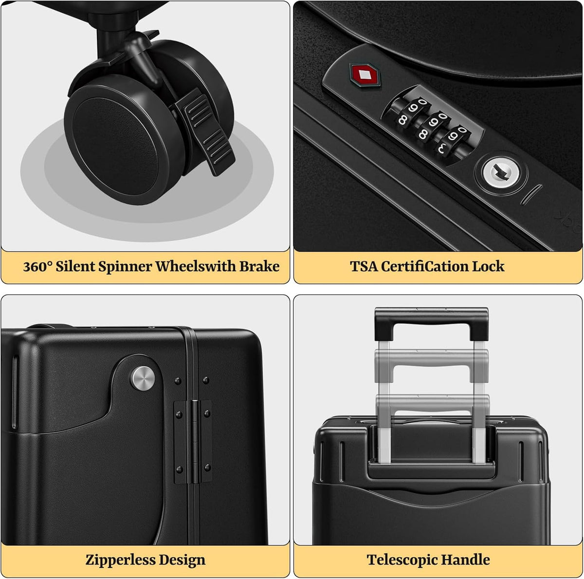 Hardshell Carry On Suitcase with Child Seat, Black Travel Luggage with Front Compartment & 4 Lockable Spinner Wheels, TSA Lock, USB Port, Luggage Cover, Safty Seatbelt (Front-Opening Black, 20 Inch)