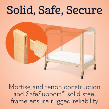 Foundations Serenity Compact Clearview Daycare Crib, Fixed Side, Durable Wood Construction, Non-Marking Casters (2 Locking), Includes 3” InfaPure Foam Mattress (Natural)