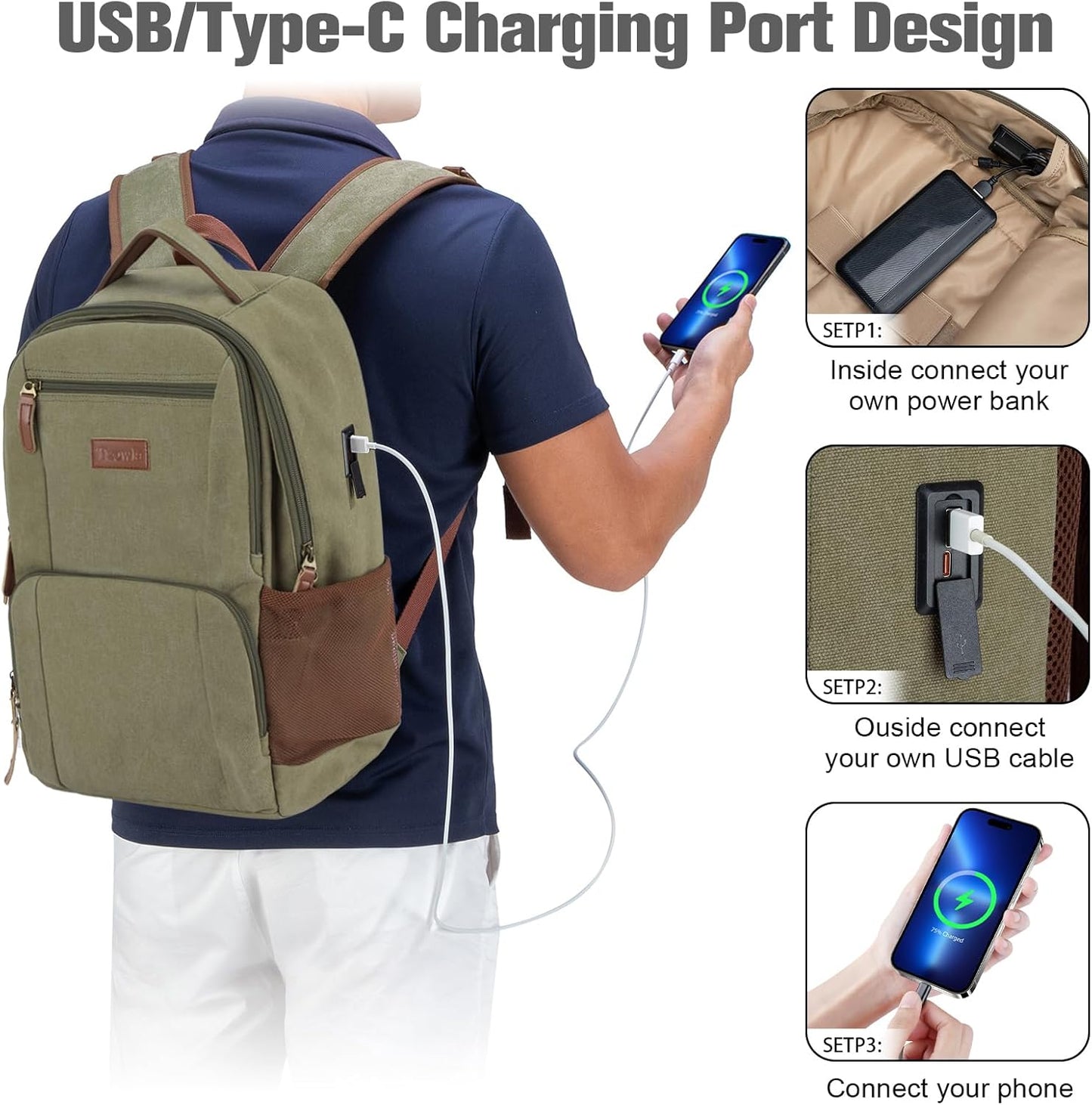 Tzowla Canvas Laptop College Backpack for Men and Women,Travel Work Vintage Rucksack with USB/Type-C Charging Port,Lightweight Hiking Casual Daypack Backpacks fit 15.6 inch Notebook,Green