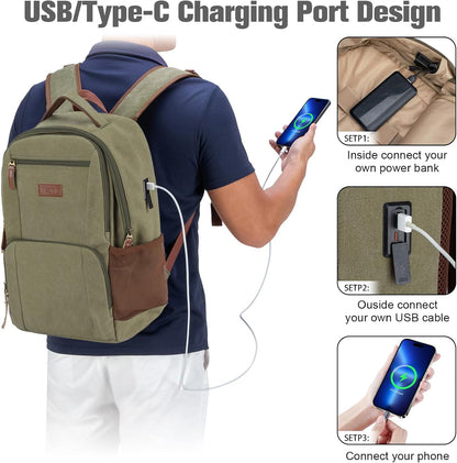 Tzowla Canvas Laptop College Backpack for Men and Women,Travel Work Vintage Rucksack with USB/Type-C Charging Port,Lightweight Hiking Casual Daypack Backpacks fit 15.6 inch Notebook,Green