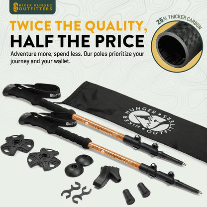 100% Carbon Fiber Trekking Poles by USA Brand - Ultra Strong Lightweight Collapsible Hiking Poles with Cork and EVA Foam Grips & Quick Adjustable Flip Locks