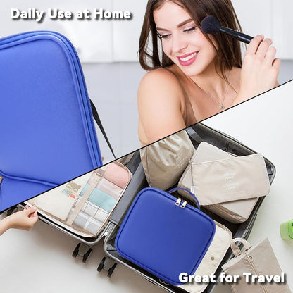 Travel Makeup Bag with LED Mirror and 10x magnifying glass with 3 Lighted Settings, Adjustable Dividers and Makeup Brush Storage Bag Dark Blue