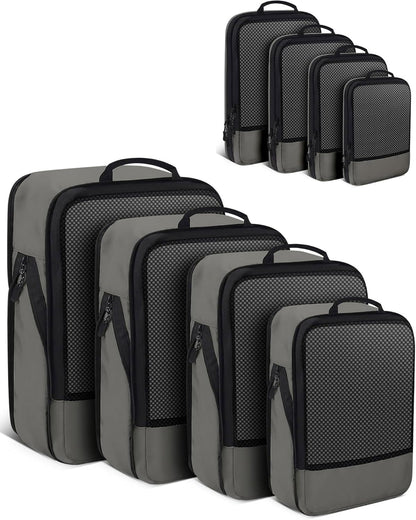 4 PCS Set Compression Packing Cubes for Travel, Lightweight Packaging Organizer Bags for Carry On Space Saving, Travel Essentials Cubes for Suitcase Backpack, Grey