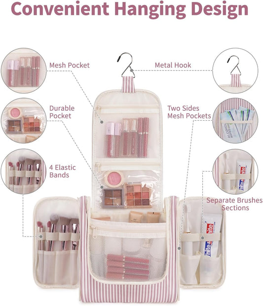 Narwey Striped Hanging Travel Toiletry Bag for Women, Travel Bag for Toiletries, Makeup Bag Organizer Cosmetic Bags Make Up Bags for Women (Dusty Rose Stripe)
