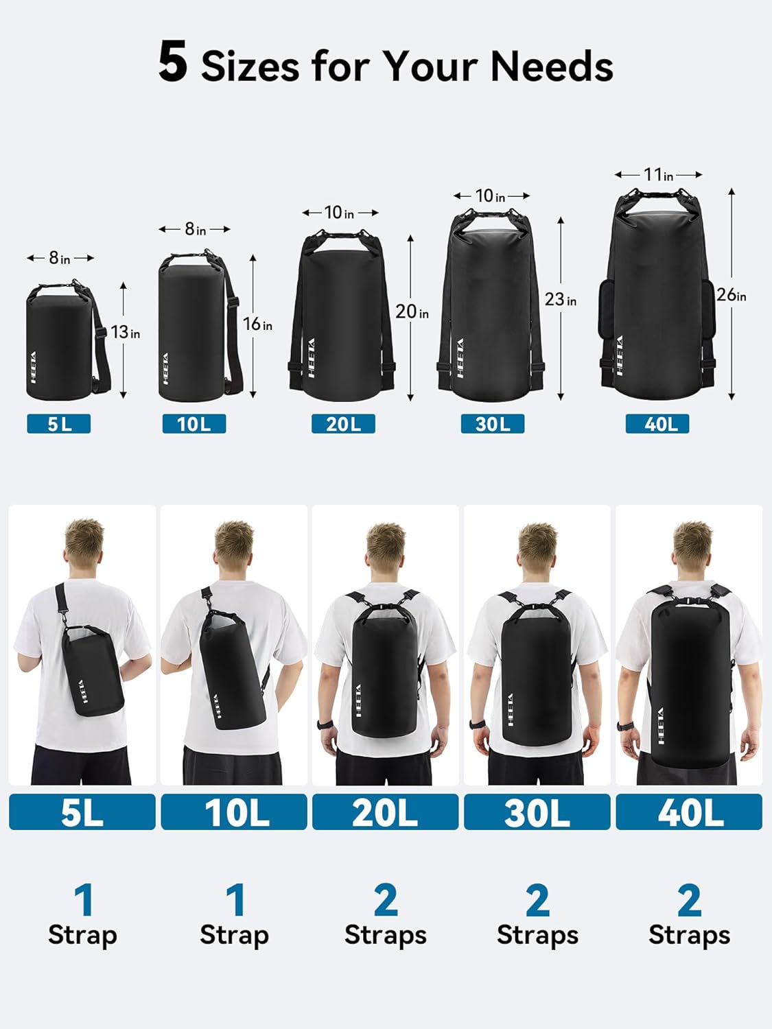 HEETA Waterproof Dry Bag for Women Men(Upgraded Version) 5L/10L/20L/30L/40L Roll Top Lightweight Dry Storage Bag Backpack with Emergency Whistle for Travel, Swimming, Boating, Kayaking, Camping, Beach