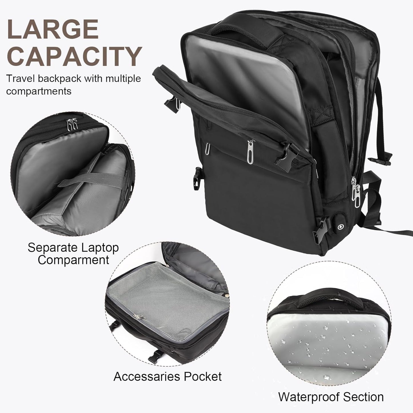 Travel Laptop Backpack with USB Charging Port Business Anti Theft Water Resistant Flight Approved Expandable Backpack (black)