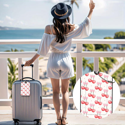 Luggage Tags for Suitcases, 2-Pack PU Leather for Cruise & Travel, Baggage ID Tags with Privacy Cover & Address Card, Durable Metal Ring, Kids Adults Travel Accessories, Sweet Bow Cherries