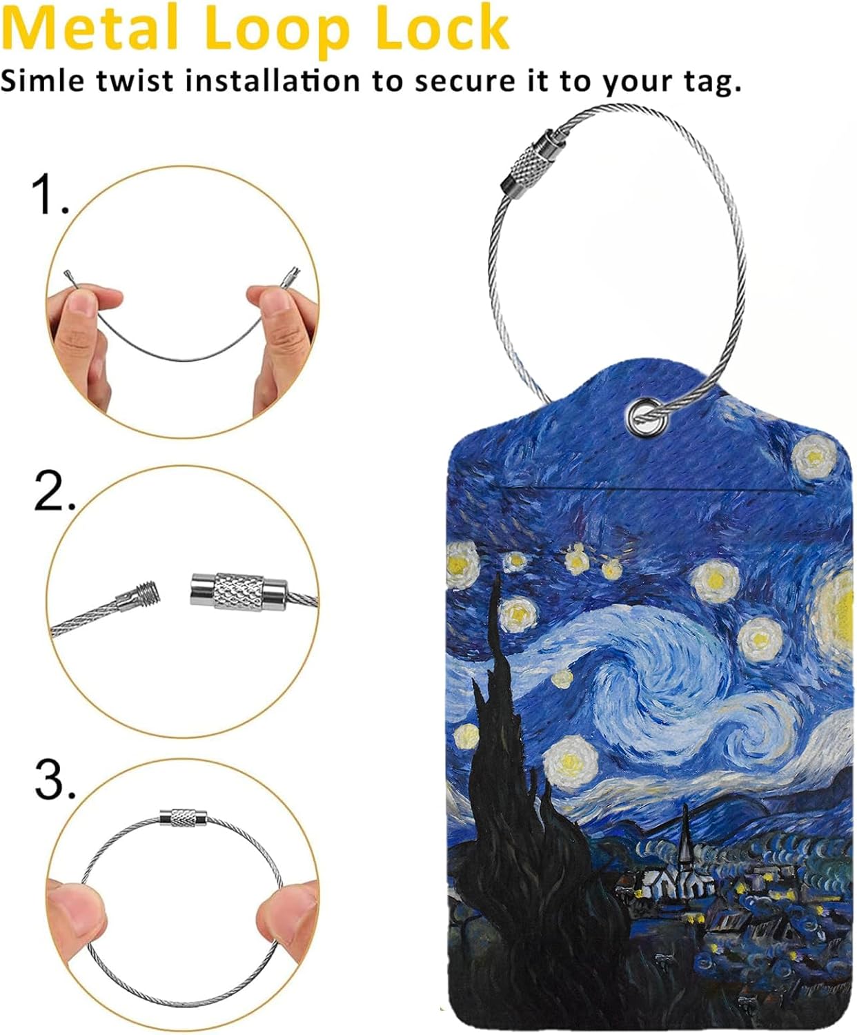 Abstract Starry Night 2 Pcs Luggage Tags,Privacy Cover ID Label with Stainless Steel Loop and Address Card for Travel Bag Suitcase
