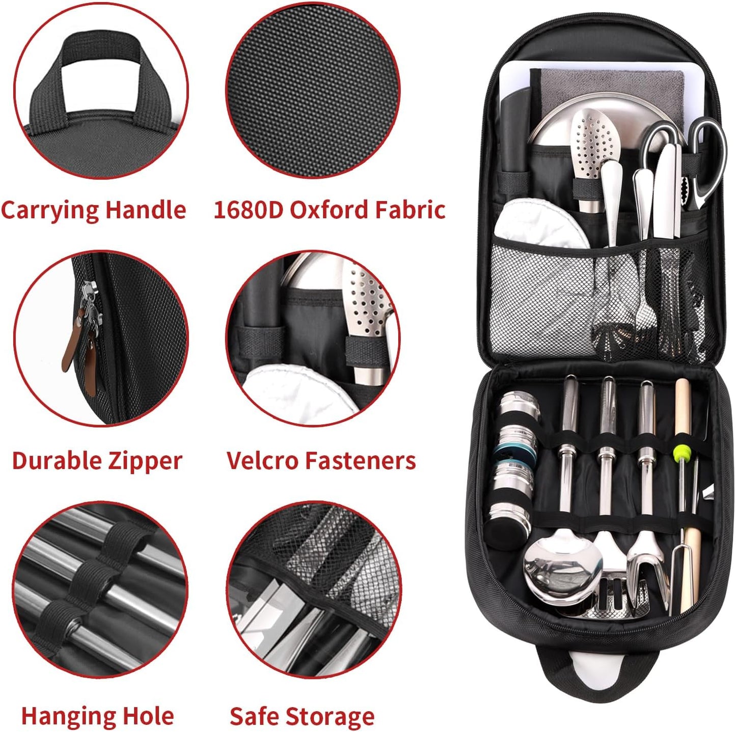 Portable Camping Kitchen Utensil Set-27 Piece Cookware Kit, Stainless Steel Outdoor Cooking and Grilling Utensil Organizer Travel Set Perfect for Travel, Picnics, RVs, Camping, BBQs, Parties and More