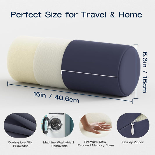Neck Roll Pillow for Neck Pain Relief - Memory Foam Neck Support Pillow for Bed | Round Neck Pillow for Sleeping, 16 * 6.3 * 6.3inch ((Navy-Blue)