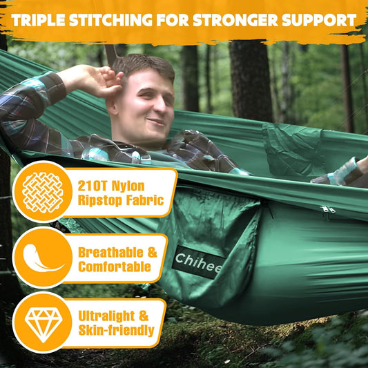 Chihee Ultra-Light Travel Camping Hammock Pop-up Net Hammock 660lbs Load Capacity,Breathable,Quick-Drying Parachute Nylon 2 Premium Carabiners,2 Tree Slings Included for Outdoor Backpacking Hiking