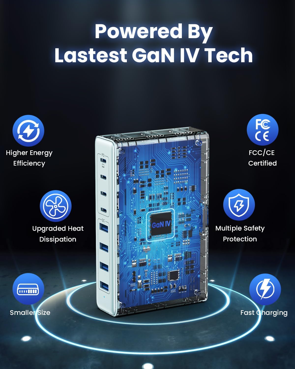 200W USB C Charger Block,GaN IV Charging Station 8 Ports,QC4.0 Fast Charging Station Hub+PD 65W USB C Laptop Charger Adapter Compatible with MacBook Air/Pro,DELL,iPhone 16/15,iPad,Steam Deck-Sky Blue