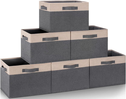 GhvyenntteS Large Fabric Storage Bins for Shelves with 3 Handles, 15x11x9.6in Closet Storage Bins, Sturdy Foldable Storage Baskets for Shelves Closet Bedroom Living Room Office (Beige, Set of 6)