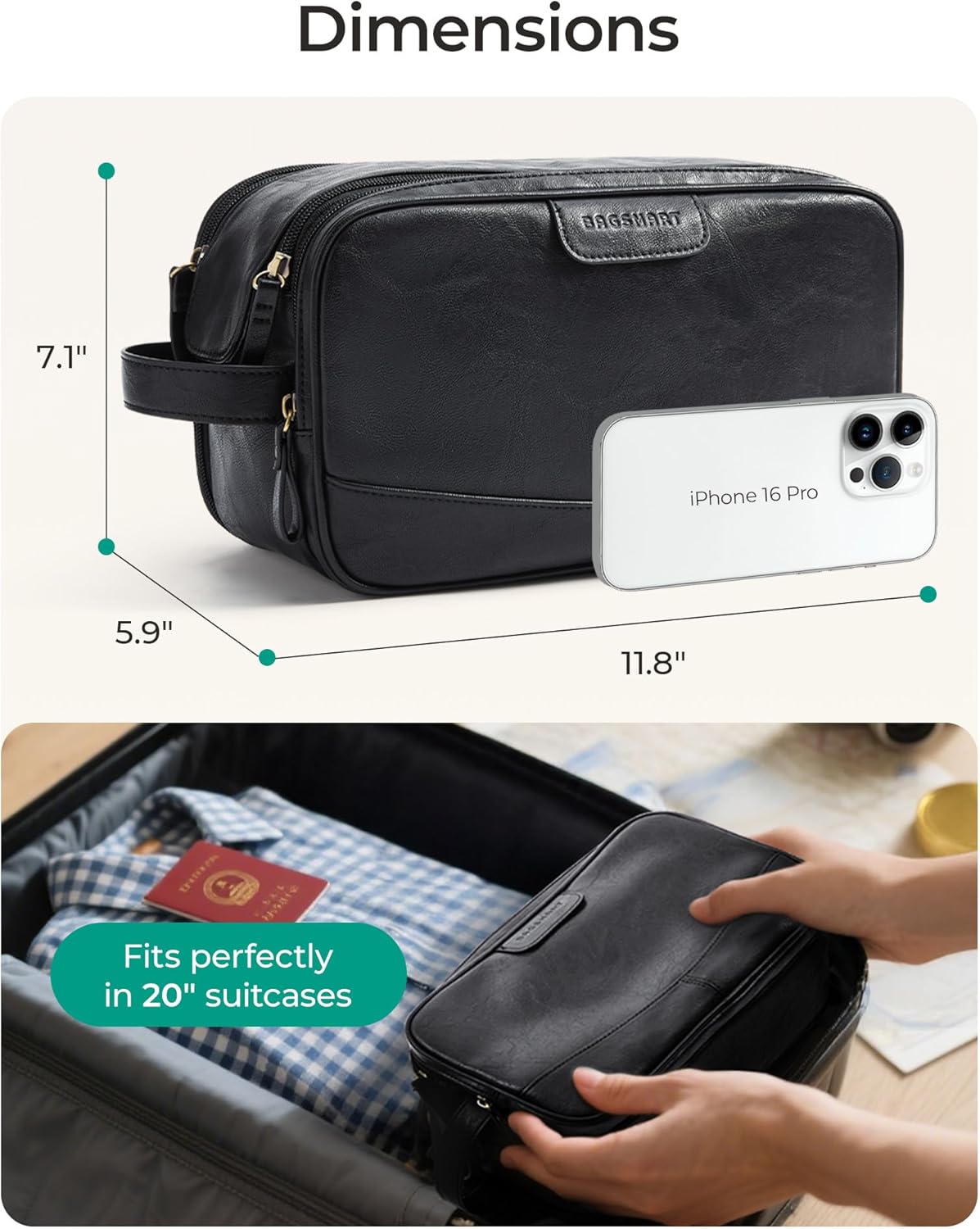 BAGSMART Toiletry Bag for Men, PU Leather Travel Bag for Toiletries, Dopp Kit Water Resistant Shaving Bag for Bathroom Shower-Black