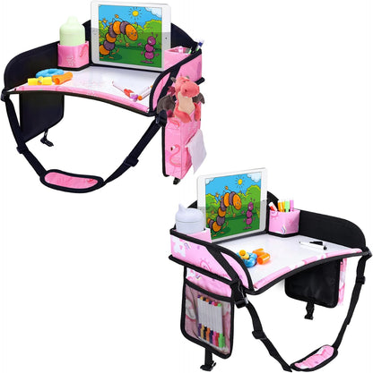 2PCS Kids Travel Tray, Car Seat Tray for kids Travel, Toddler Road Trip Essentials With Drawing Kit, Toddler Lap Desk Organizer for Car, Carseat Table for Airplane