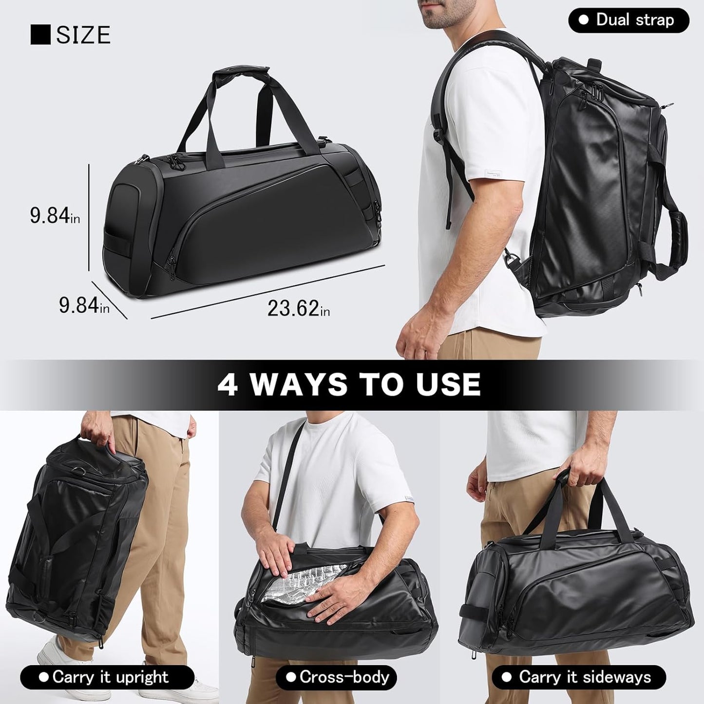 40L Travel Duffle Bag, 4-in-1 Large Gym Bag with Shoe & Wet Clothes and Laptop Compartments, Black