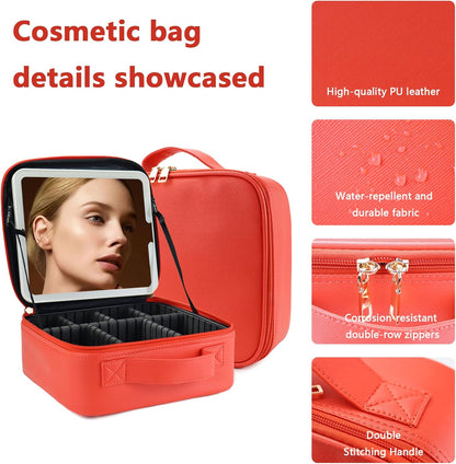 Travel Makeup Bag for Women and Makeup Artists Cosmetic Organizer Large Makeup Case,Travel Makeup Bag with Mirror 3 Color Setting,Portable Storage and Adjustable Dividers(red)