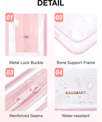 BAGSMART Clear Toiletry Bag, 2 Packs TSA Approved Water Resistant Quart Size Travel Organizer, 2 Sizes Airport Airline Travel Essential Carry On Makeup Cosmetic Bags for Women, Pink
