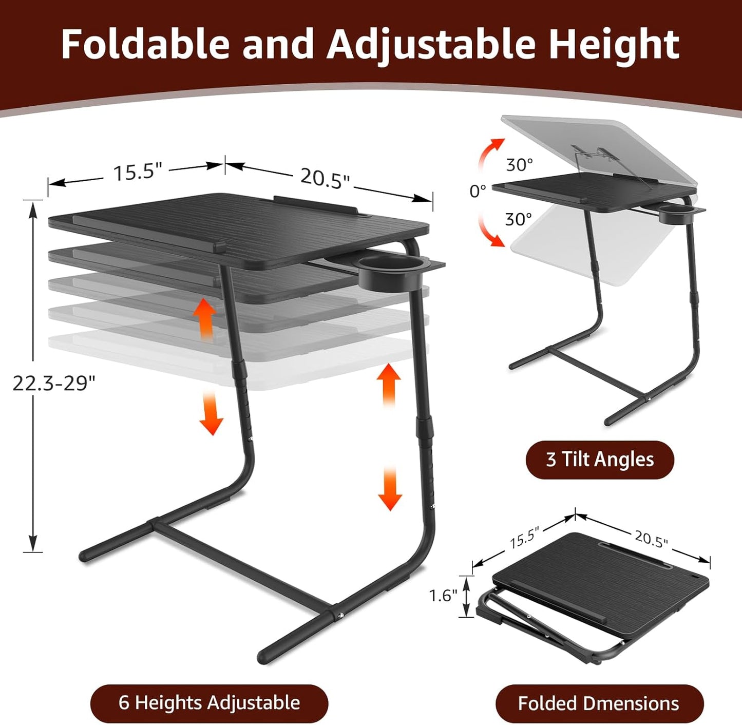 Adjustable TV Tray Black Dinner - Folding Trays for Eating On Couch Wooden Tables Mate Stand Foldable Desk with Cup Holder Portable