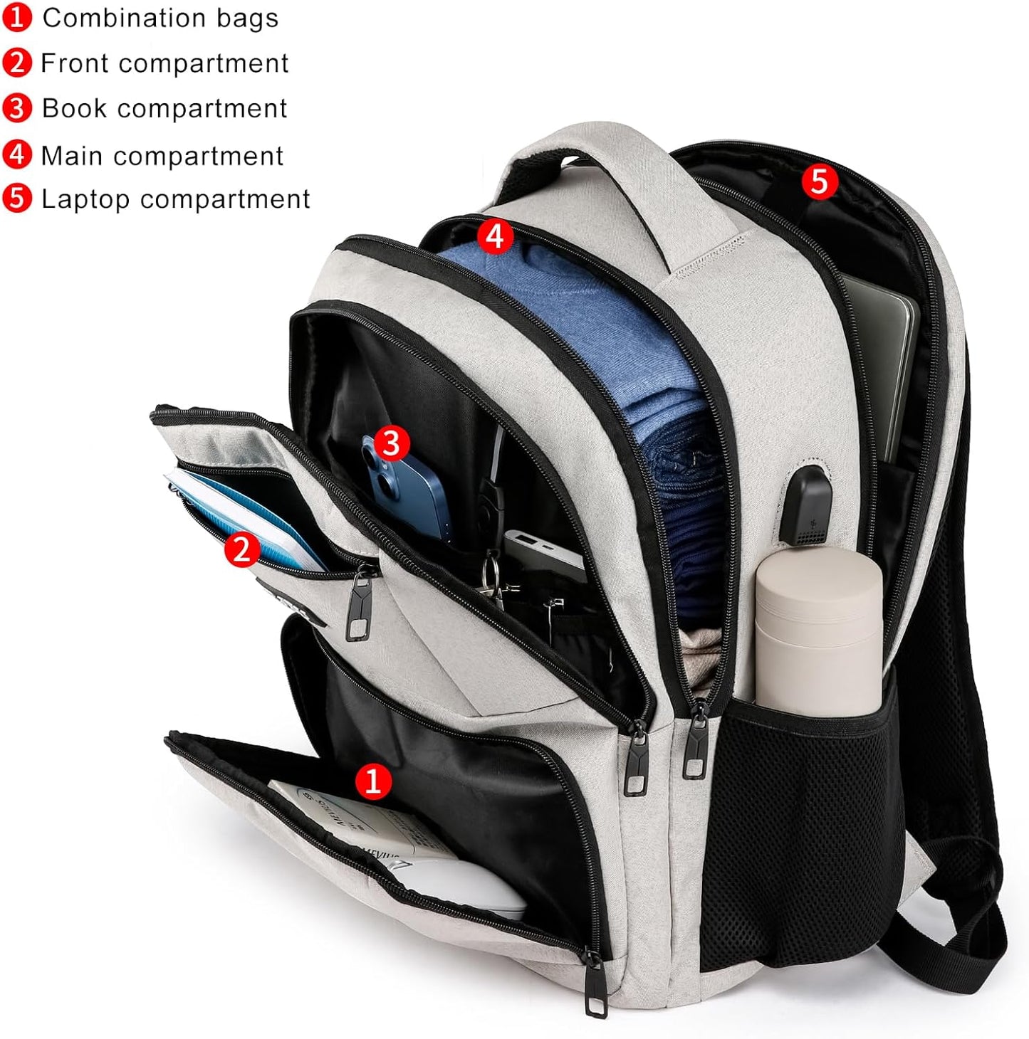 School Backpack for Teens Girls & Women, College Bookbag with 15.6 Inch Laptop Sleeve, 3 Compartments School Backpack, Ergonomic Straps - Beige