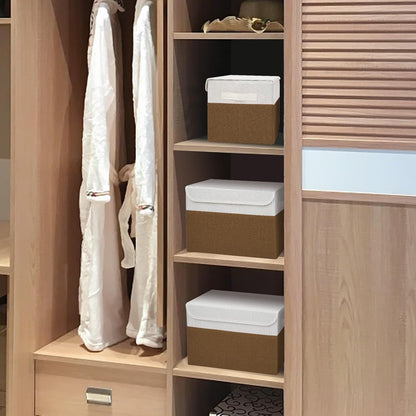 Large 22 Quart Linen Fabric Foldable Storage Bin Cube Organizer Basket with Flip-Top Lid & Handles, Clothes Blanket Box for Home, Office, Closet, Brown & White, 4 Pack 14.6 x 9.5 x 9.5