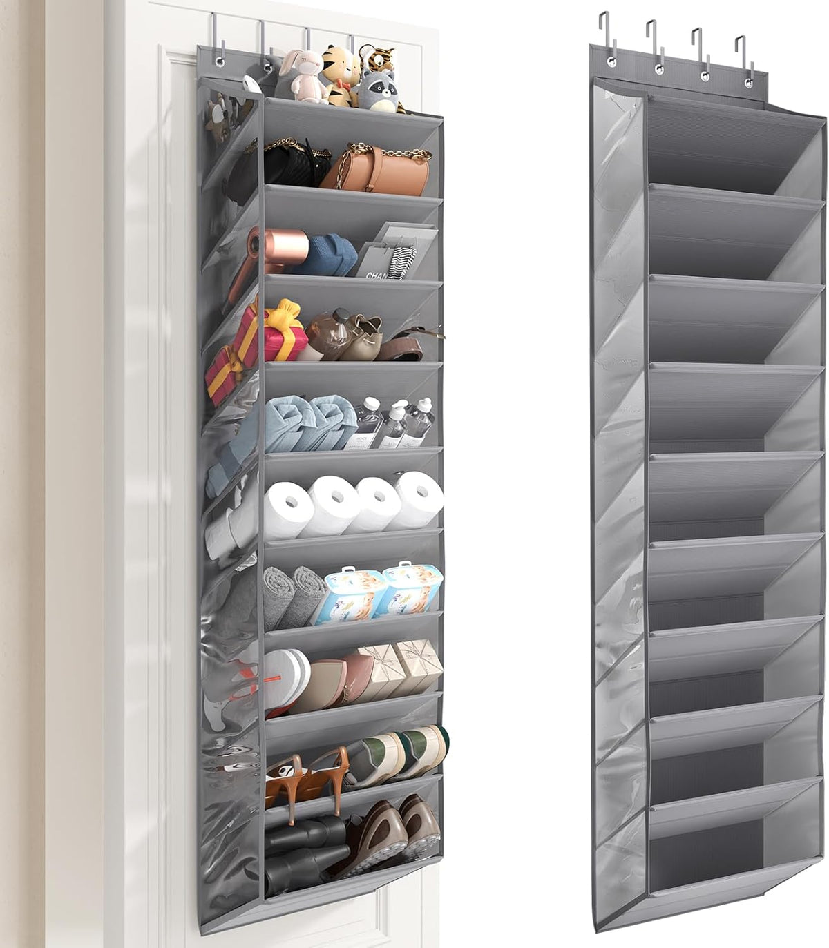 Over the Door Shoe Organizer for Closet, Shoes Rack with 10 Tier PVC Window Deep Pockets, Hanging Shoe Organizers for Boot Storage, Behind the Door Narrow Shoe Holder for Small Shoes, Grey