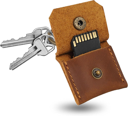 Jack&Chris Genuine Leather SD Card Holder Keychain, Anti-Shock Anti-Dust SD Card Case, Portable Camera Accessories for SD CF CFexpress Micro SD Nano SIM and Micro SIM Cards, Brown